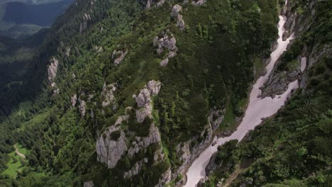 Un-Río-Serpenteante-Que-Atraviesa-La-Densa-Vegetación-De-Las-Montañas-De-Bucegi,-Vista-Aérea