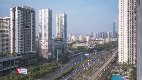 Traffic-In-The-Highway-Through-The-Cityscape-Of-Ho-Chi-Minh-City-In-Vietnam