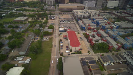 Wide-angle-drone-reveal-shot-of-downtown-Houston,-Texas