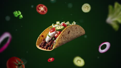 Rindfleisch-Tacos-Mit-Griechischem-Joghurt-Auf-Grünem-Hintergrund---Animations-Intro-Für-Werbung-Oder-Marketing-Von-Restaurants-Mit-Den-Zutaten-Des-Gerichts,-Die-Durch-Die-Luft-Fliegen---Preisschild-Oder-Verkauf