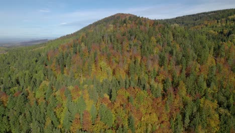 Aerial-establishing-shot-of-the-rural-landscape-with-autumn-mountain-forest-during-the-fall-season