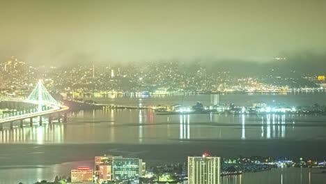 Lapso-De-Tiempo,-Noche-En-San-Francisco-Usa,-Luces-De-La-Bahía-Y-La-Ciudad,-Vista-Desde-Oakland