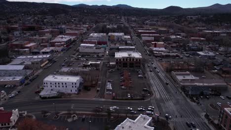 Prescott,-Arizona-USA,-Drone-Shot-of-Downtown-Buildings-and-Street-Traffic