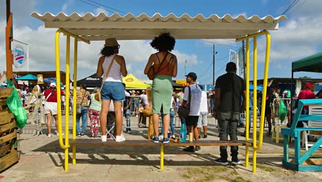 Rear-view-of-women-influencers-standing-on-shade-bench-watching-Carnaval-parade