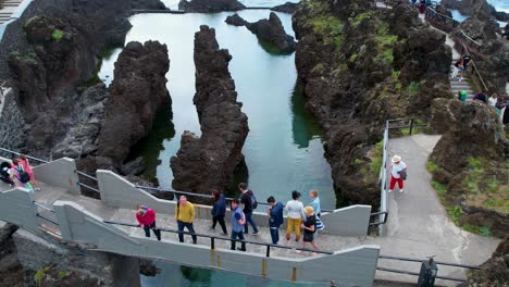 Turistas-Que-Visitan-Las-Piscinas-Naturales-Del-Acuario-De-Porto-Moniz,-Islas-De-Madeira,-Portugal