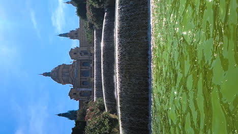 Vertical,-National-Art-Museum-of-Catalonia,-Montjuic-Palace-and-Waterfalls,-Barcelona,-Spain