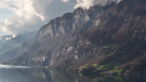 Alpine-Dawn-on-Lake-Walen,-Switzerland---aerial