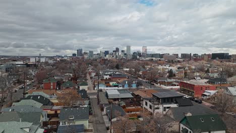 Wide-angle-aerial-flyover-above-Denver-Colorado-city-suburb-in-winter,-cloudy-day