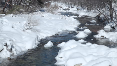 Gewundener-Gebirgsfluss-In-Einem-Schneebedeckten-Wald-Im-Winter---Parallaxenaufnahme
