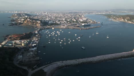 Mazatlan-Sea-Landscape-Mexican-resort-town-along-Pacific-shoreline-Aerial-Drone-boats-float-around-island-like-seascape,-panoramic-at-daylight,-Mexico