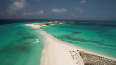 Sandy-isthmus-at-cayo-de-agua-in-los-roques,-waves-lapping-shores,-aerial-view