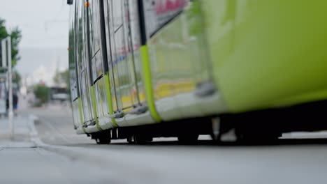 Low-angle-shot-of-tram-passing-in-central-Brest,-France