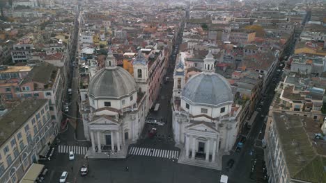 Beautiful-Orbiting-Drone-Shot-Above-Two-Twin-Churches-in-Piazza-del-Popolo,-Rome,-Italy