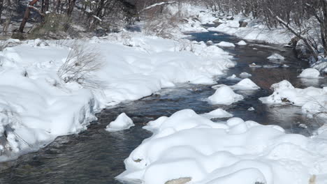 Gewundener-Gebirgsfluss-In-Einem-Schneebedeckten-Wald-Im-Winter