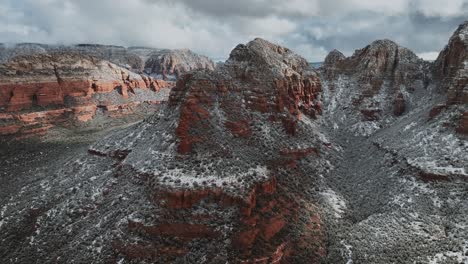 Red-Rocks-In-Sedona,-Arizona-Covered-With-Snow---Aerial-Drone-Shot