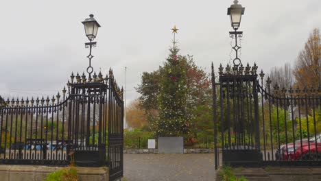 Profile-view-of-entrance-of-Blessington-Street-Basin-during-Christmas-time-in-Dublin,-Ireland