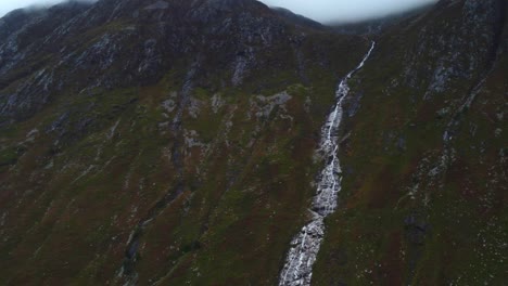 Luftdrohne,-Nahaufnahme-Am-Ben-Nevis-Wasserfall,-Wasserfluss,-Bewölkte-Landschaft,-Schottland