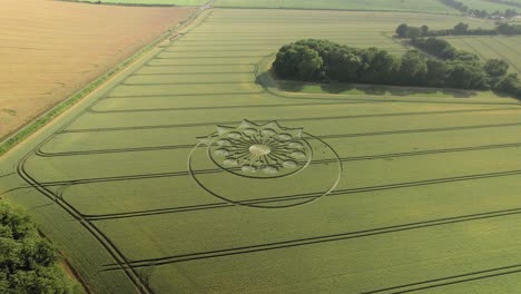 Aerial-View-Over-Beautiful-Crop-Circle-In-The-Countryside-Of-Owslebury-In-England---Drone-Shot