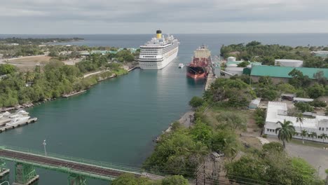 Ships-moored-in-canal-of-La-Romana-tourist-port,-Dominican-Republic