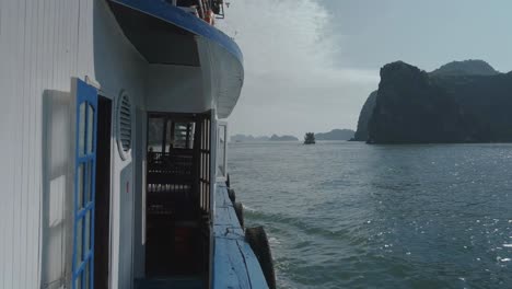 POV-View-Along-Wooden-Ferry-Boat-Sailing-Through-Lan-Ha-Bay