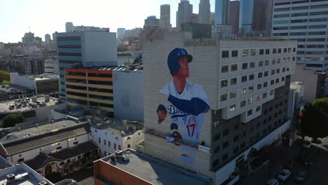 Shohei-Ohtani-mural,-on-the-Miyako-hotel-wall-in-Los-Angeles,-USA---Aerial-view