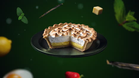 Pastel-De-Merengue-De-Limón-Con-Una-Introducción-De-Animación-De-Rebanada-Faltante-Para-Publicidad-O-Marketing-En-Fondo-Verde-Para-Restaurantes-Con-Los-Ingredientes-Del-Postre-Volando-En-El-Aire---Agregar-Precio-O-Venta