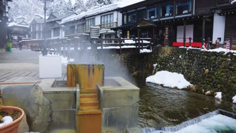 Natural-Geothermal-Hot-Springs-at-Ginzan-Onsen,-Yamagata-Japan-4k