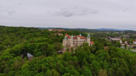 Antique-castle-in-Nowy-Wisnicz,-renovated-historic-Polish-nobles-residence-aerial