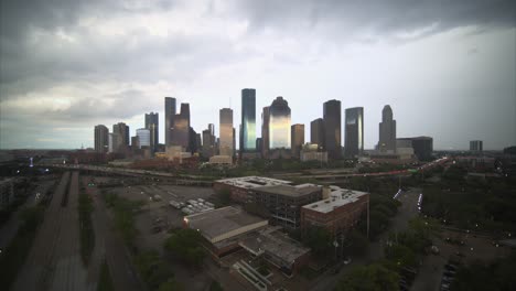 Wide-angle-drone-shot-of-downtown-Houston,-Texas