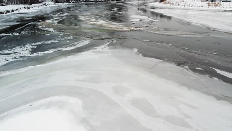 Drone-jib-shot-above-ice-sheet-on-pond-to-dirt-sediment-filled-river