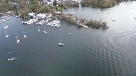 Aerial-view-of-marina-and-sailboats-anchored,-Aquatic-Quays-Marina,-Windermere