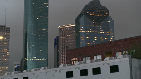 Low-angle-view-of-skyscrapers-in-downtown-Houston,-Texas