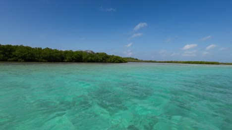 POV-Sailing-Inside-crystal-Clear-Blue-Lagoon-from-mangrove-forest,-Los-Roques-Archipelago