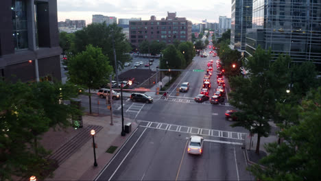 Aerial-View-Of-Highway-At-Downtown-Streets-In-Atlanta,-Georgia-During-Sunset-In-United-States