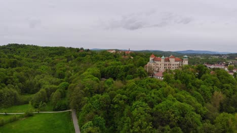 Antikes-Renoviertes-Renaissance-Schloss-Außen,-Residenz-Auf-Einem-Hügel-In-Bäumen,-Luftansicht