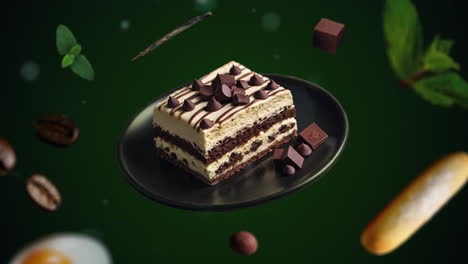 Tiramisu-Mit-Schokoladenstückchen,-Dessert-Animations-Intro-Für-Werbung-Oder-Marketing-Auf-Grünem-Hintergrund-Für-Restaurants,-Wobei-Die-Zutaten-Des-Desserts-Durch-Die-Luft-Fliegen---Preis-Oder-Verkauf-Hinzufügen