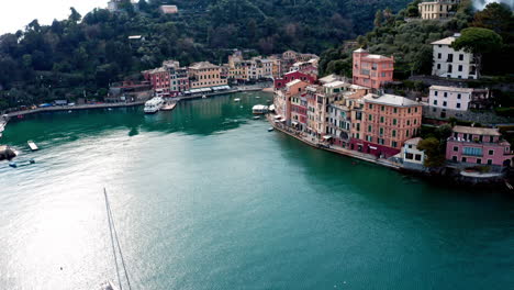 Aerial-approach-toward-scenic-seaside-resort-of-Portofino-on-Ligurian-coastline
