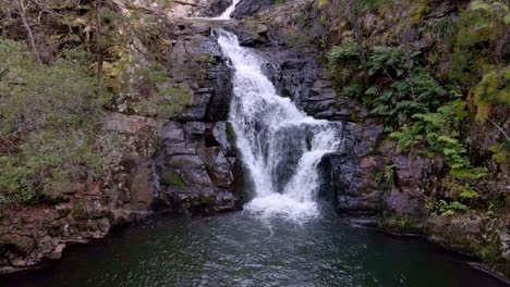 Aerial-view-of-tranquil-Forth-Falls-waterfall-in-Wilmot,-Tasmania,-Australia