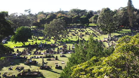 Aerial-drone-flying-slowly-between-trees-to-reveal-a-large-graveyard-cemetery-on-a-sunny-day-in-Australia
