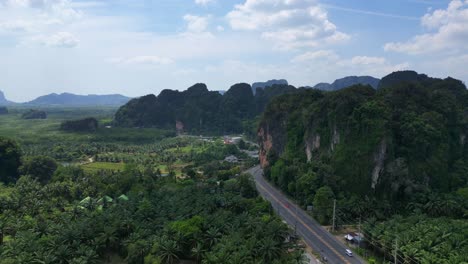 Tropical-landscape-karst-mountains-road-palm-trees