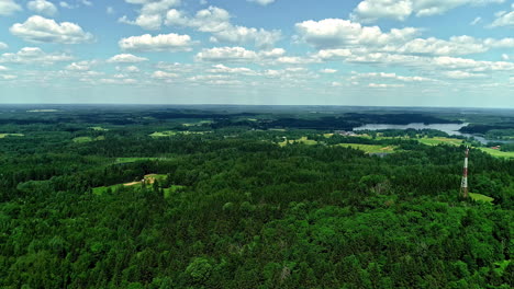 Aerial-panoramic-fly-above-green-forest-in-countryside-landscape-wide-skyline-with-lake,-fields-and-a-mobile-phone-tower,-location,-drone-view