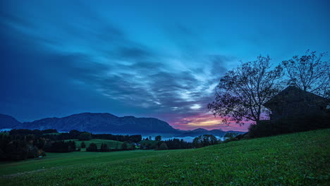 Timelapse-of-mountain-rural-area,-spectacular-clouds-at-dawn,-majestic-landscape