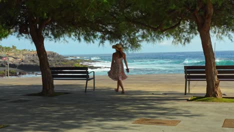 Beautiful-woman-with-summer-dress-walking-near-Tenerife-coast,-back-view