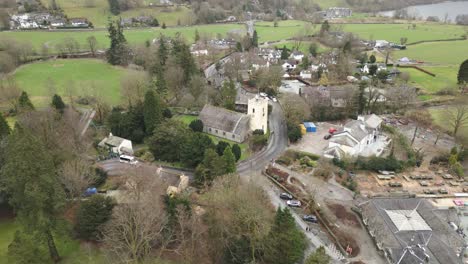 Aerial-View-Of-St-Oswald's-Church-In-Village-Of-Grasmere-In-Cumbria,-England