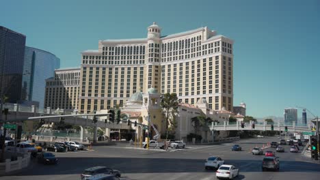 Daytime-street-view-of-Bellagio-hotel-and-casino-resort-in-sunny-Las-Vegas,-Nevada