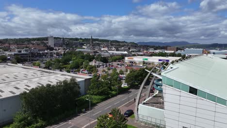 Aerial-View-of-Greenock-Scotland-UK-Waterfront-Buildings,-Harbour-and-Cityscape