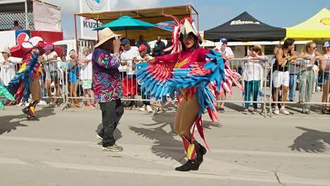 Red-and-blue-parrot-costume-wings-with-woman-dancing-and-spinning-in-streets