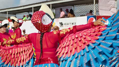 Winged-feather-parrot-costume-performer-dances-during-Carnaval-parade