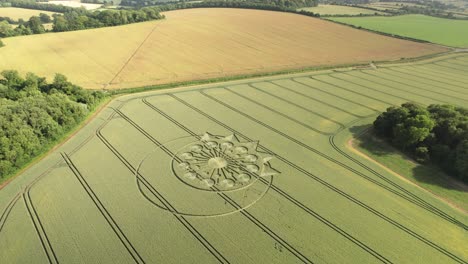 Crop-Circle-And-Green-Fields-In-Owslebury,-England---Aerial-Drone-Shot