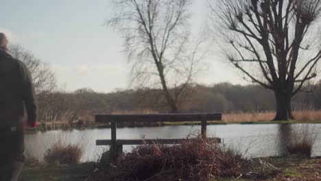 A-man-sits-on-a-bench-in-front-of-a-lake-surrounded-by-trees-on-a-bright-cold-winter-afternoon-in-Richmond-Park,-United-Kingdom